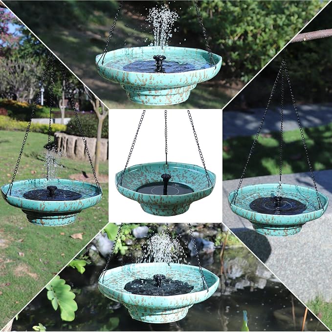 Solar Fountain Ceramic Hanging Bird Bath,Bird Bath for Outside,Outdoor Fountain Bird Bath,Garden and Home Decor