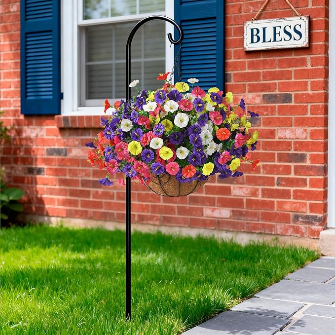 Homsunny Artificial Hanging Flowers Plants with Basket for Outdoors - Fake Petunias Flowers Fake Silk Morning Glory Planter for Outside Porch Patio Balcony Garden Spring Summer Decor(Color Blending)