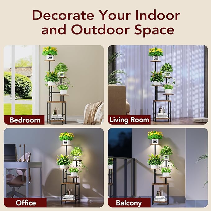 Homsorout Round Plant Stand Indoor with Grow Light, 5-Tiered Tall Plant Stand Indoor, Metal Plant Shelf with Adjustable Light, Ideal for Living Room, Garden, Patio (Black Brown)