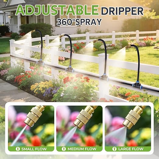 HIRALIY 360° Adjustable Drip Irrigation System 165FT, 1/4" Tubing with Adjustable Copper Nozzles, Automatic Atomizing Watering Kit for Garden, Yard, Lawn, Greenhouse & Potted Plants