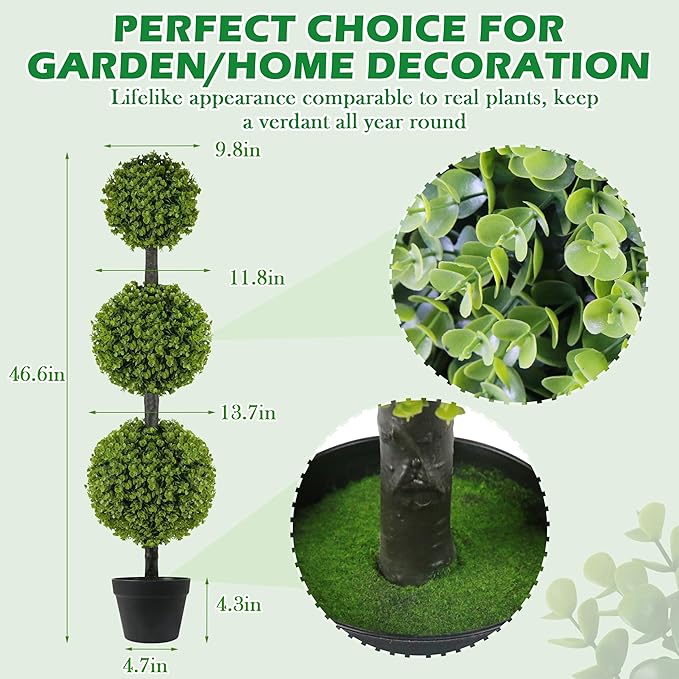 2 Pack Artificial Topiary Ball Tree 4FT, Set of 2 Faux Triple Balls Tree in Pot Shrubs Plants for Outdoor Front Door Porch Plant Outdoor