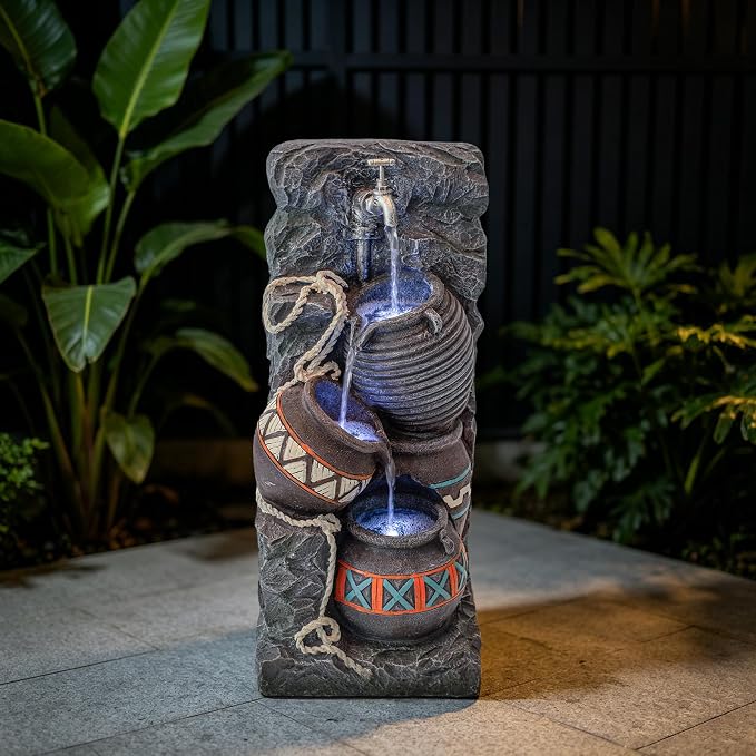 24.4" H Water Fountains Outdoor Indoor, Garden Fountains,Rustic Stacked Pot Waterfall Fountain with LED, Floor-Standing Water Feature for Patios Porch Backyards