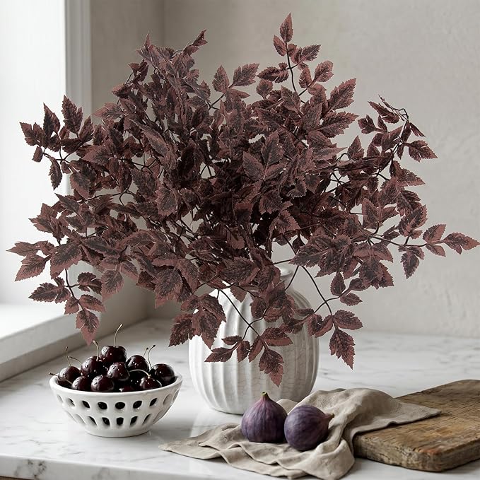 Daynight Artificial Cimicifuga Plants with Fall Leaves Faux Fall steams Greenery Branch for Vase, Table, Thanksgiving, Autumn Halloween Centerpiece Decor (8, Chocolate)