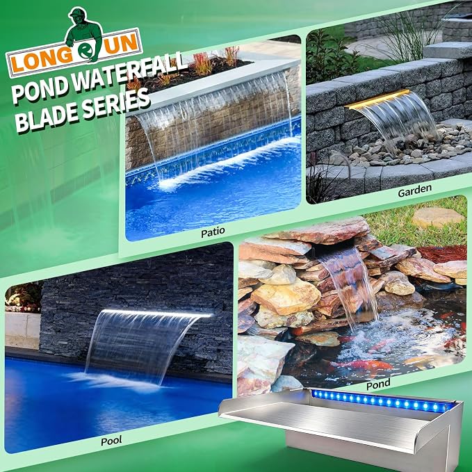 LONGRUN Stainless Steel Waterfall Spillway, APP Control Multi-Color LED Light Outdoor Pool Fountain, Water Spillway Koi Pond Waterfalls Fountains Kit for Garden Patio Swimming Pool Decoration-23.6"