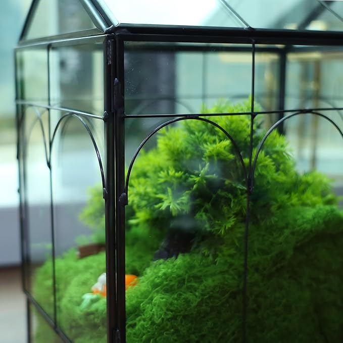 HighFree Geometric Plant Terrarium with Lid, House Succulent Terrarium Kit for Succulents Cacti Snail, Home Tabletop Miniature Terrarium (Black with Side Door)