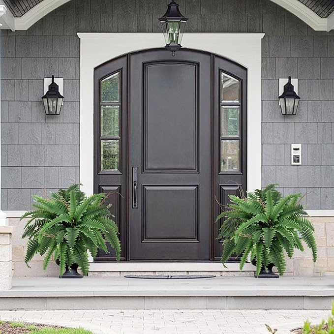35” Artificial Boston Fern Bush Plant, 2 Faux Ferns for Outdoors Large, Fake Ferns Realistic Artificial Plants with 39 Fronds for Garden Porch Patio Home Office Living Room Decor Green
