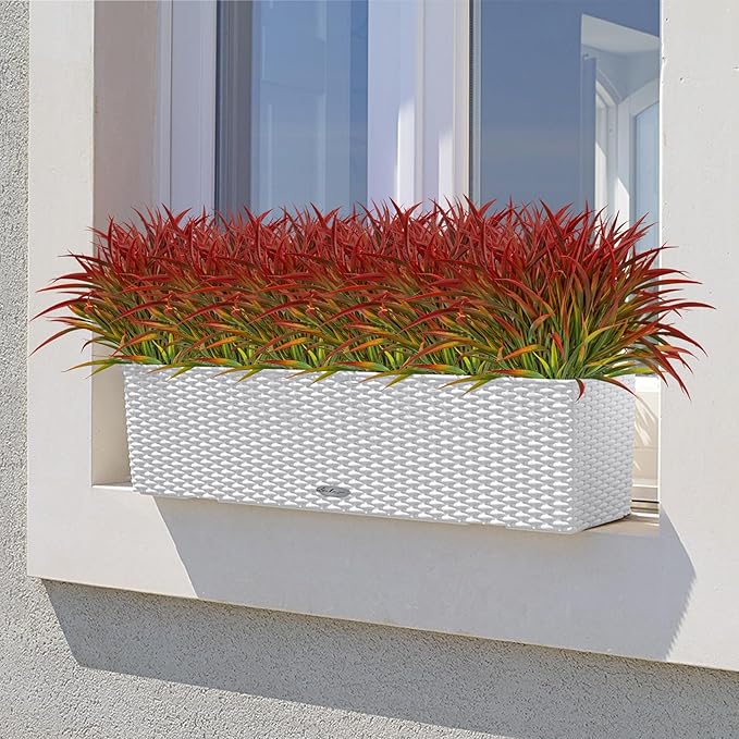 Ouddy Decor 16 Bundles Artificial Plants Outdoor Fake Grass Greenery Stems UV Resistant Faux Plastic Plants Shrubs for Spring Summer Garden Pathway Window Box Farmhouse Front Porch Home Decor, Red
