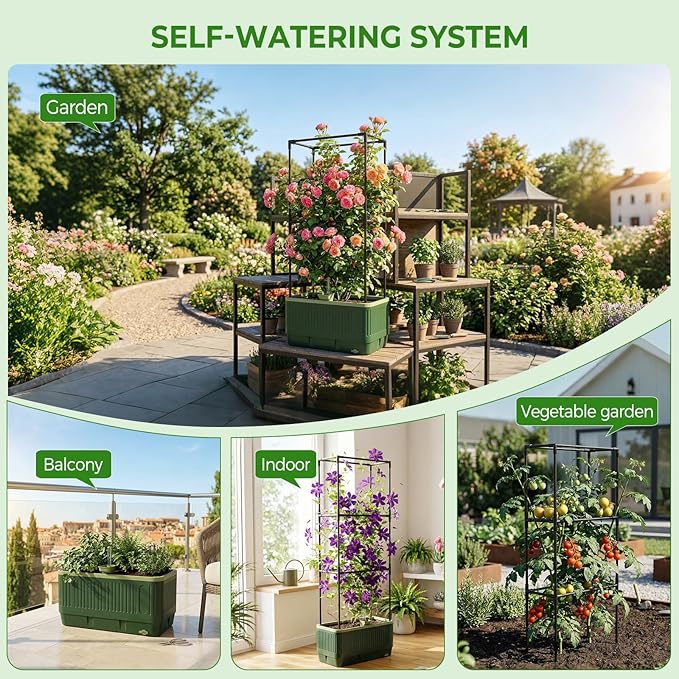 MQUPIN Raised Garden Bed Tomato Planter with Trellis, Self Watering Tomato Planter with Water Level Indicator, Larger Rectangular Tomato Cages for Indoor & Outdoor Climbing Vegetable and Plants (1)