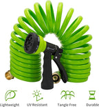 AUTOMAN EVA Recoil Garden Hose 25ft - Includes 7 Pattern Spray Nozzle,Curly Water Hose 25 Foot,Watering Hose Coil,Retractable,Corrosion Resistant Garden Coil Hose.Green