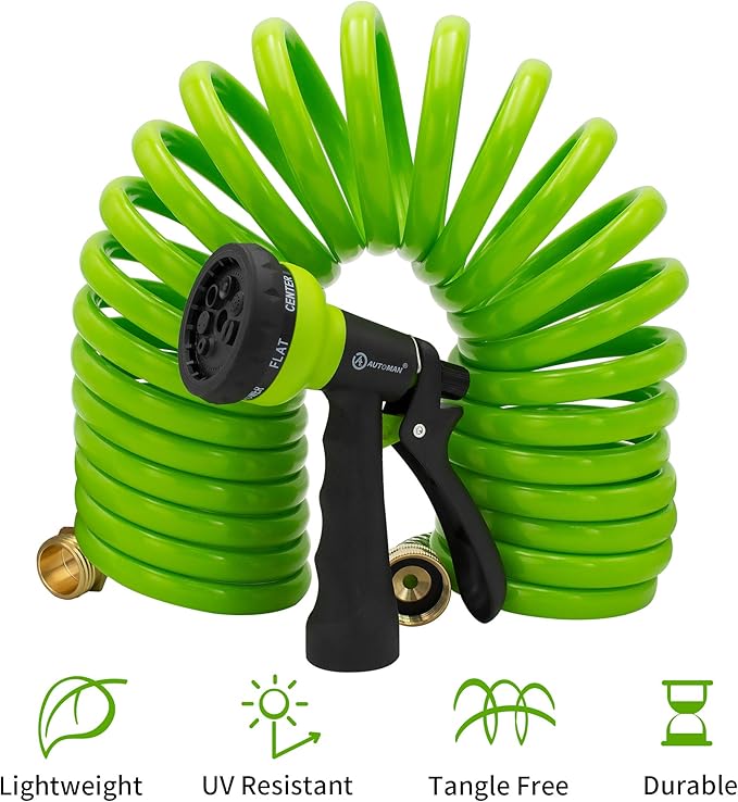 AUTOMAN EVA Recoil Garden Hose 25ft - Includes 7 Pattern Spray Nozzle,Curly Water Hose 25 Foot,Watering Hose Coil,Retractable,Corrosion Resistant Garden Coil Hose.Green