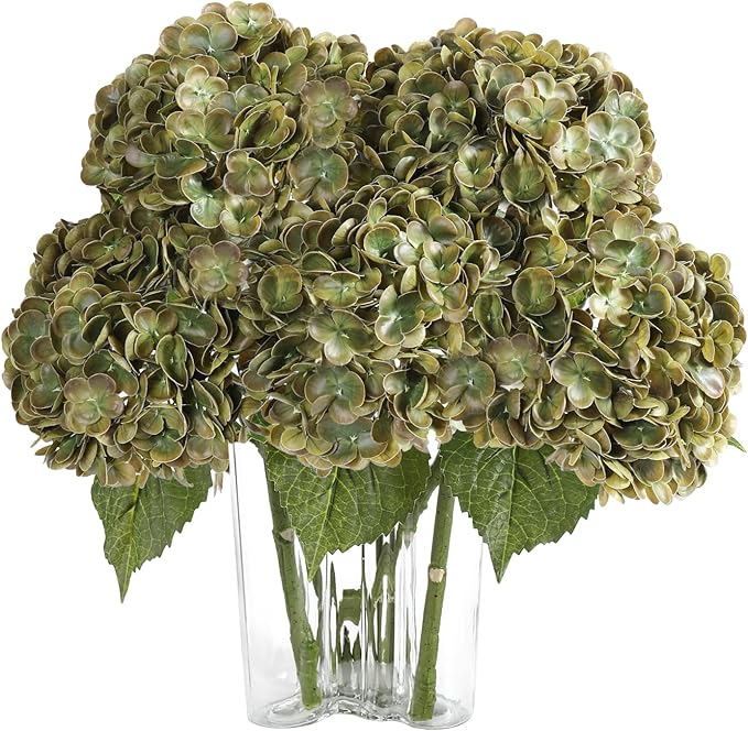 Coferset 4Pcs Olive Green Hydrangea Artificial Flowers Lifelike Faux Hydrangea Real Touch Artificial Flowers for Outdoors Home Wedding Christmas Office Party Living Room Decoration,22inch