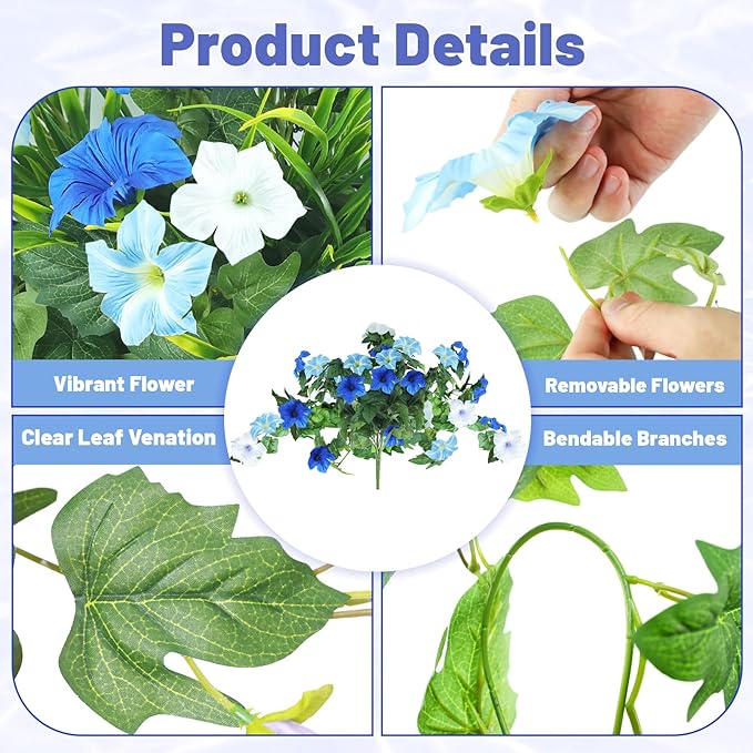 Artificial Flowers Hanging Baskets for Outdoors, 5PCS UV Resistant Faux Outdoor Plants, Fake Petunias Silk Flowers for Garden Balcony Yard Porch Decor (White Blue)