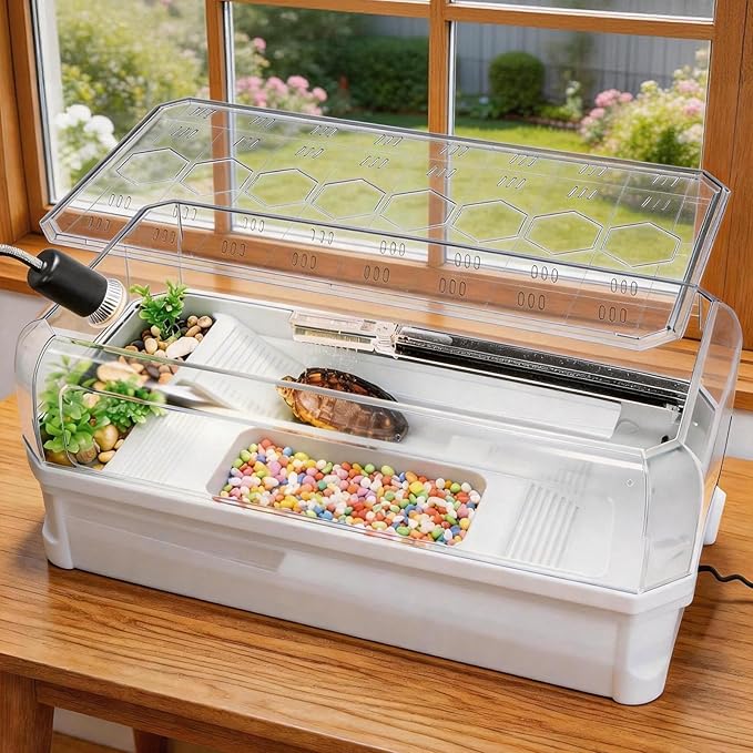 Turtle Tank Kit with 3-Stage Filter, Basking Platform & Heat Lamp - Complete Turtle Aquarium Habitat for Water Turtles, Enclosure or Hermit Crab Tank, Easy Drain Starter Kit White, 25.9 Inch