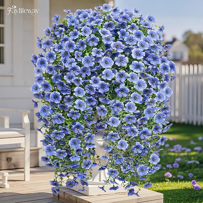 Artificial Hanging Flowers for Outdoors Spring Summer Decoration, 4PCS UV Resistant Silk Fake Hanging Plants for Patio Porch Front Yard Window Garden Indoor Decor(Blue,4PCS)