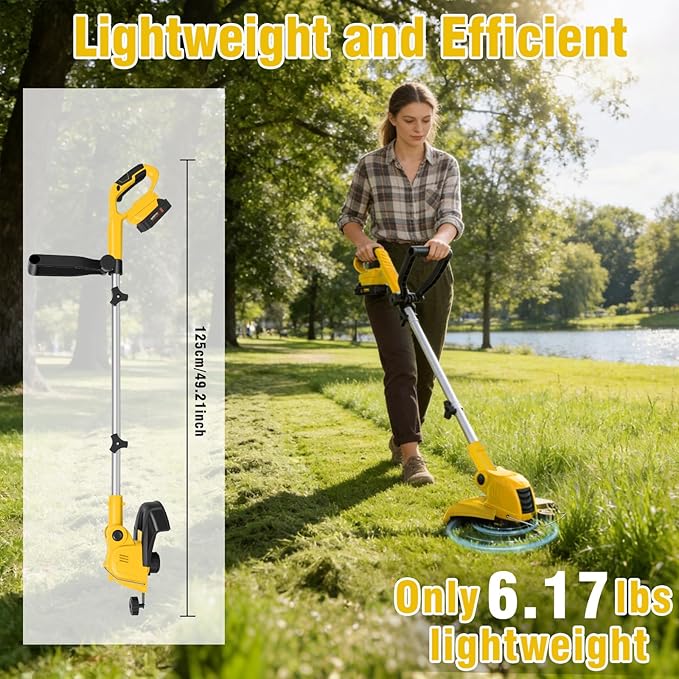 21V Cordless String Trimmer & Edger, 12" Auto-Feed Grass Cutter with 2.0Ah Battery & Fast Charger, 2-in-1 Electric Lawn Tool Includes 10 Lines for Garden and Yard Maintenance-Yellow