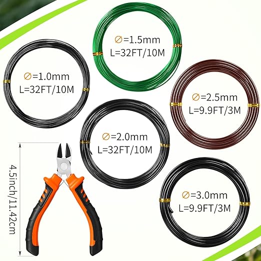 Mudder 5 Roll Aluminum Bonsai Training Wire Tree 160 Feet Total with Bonsai Wire Cutter Anodized Training for Holding Branches Small Trunks (1/1.5/2.0/2.5/3mm,Classic)