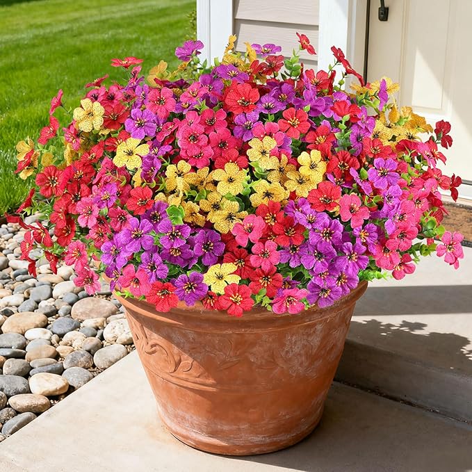 16 Bundles Artificial Flowers for Outdoors, Realistic Fake Silk Flowers for Outside, UV Resistant Faux Plants for Outdoor Planters - Spring Summer Porch Decor (4 Colors)