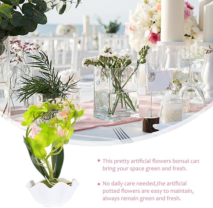 Artificial Phalaenopsis Bonsai in Pot Fake Orchid Flower Green Faux Orchid Bonsai Home Decoration Indoor Floral Arrangement for Living Room Table