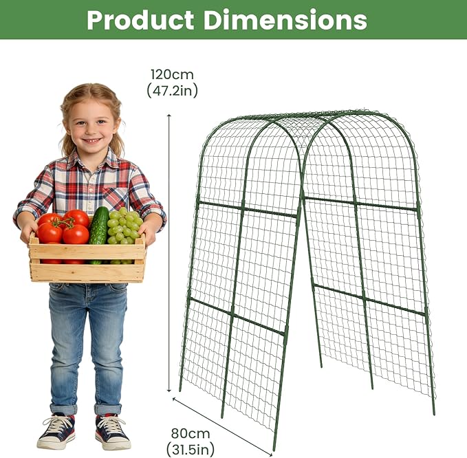 Cucumber Trellis, Metal Garden Arch Trellis for Raised Bed, 32 x 48inch U-Shape Garden Trellis for Climbing Plants Outdoor, Vegetables Fruit Plant Support with Netting, Gardening Supplies (Green)
