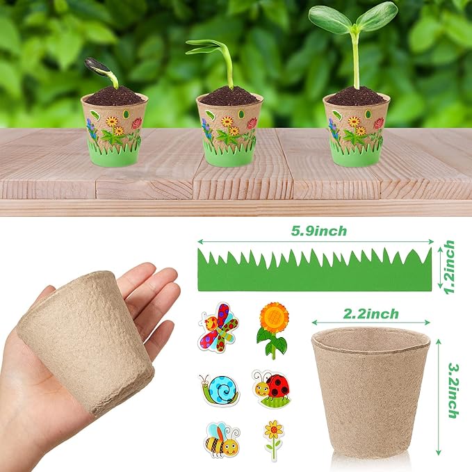 Gueevin 50 Pack Garden Paper Pot Craft Kit Flower Plant Spring Craft Including Peat Plant Pots Adhesive Foam Stickers Pot Stickers EVA Grass for DIY Flower Planting Growing
