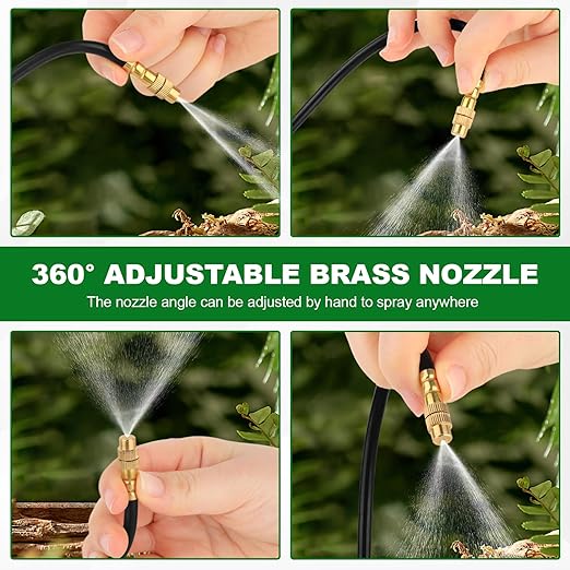 Drip Irrigation System, 50FT 1/4" Garden Watering for Outdoor Plants & Raised Beds, 15pcs Upgraded Brass Nozzles 360° Adjustable Misting Kit, UV-Resistant Tubing for Greenhouse, Lawn & Patio Cooling