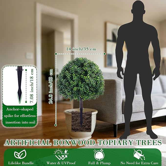24.8 Inch Artificial Boxwood Trees, 2 Sets Faux Boxwood Topiary with Spikes, Pot Filler Fake Shrubs Plants for Outdoor PlantersFront Porch Decor Round Topiary Bush Balls Home Garden Spring