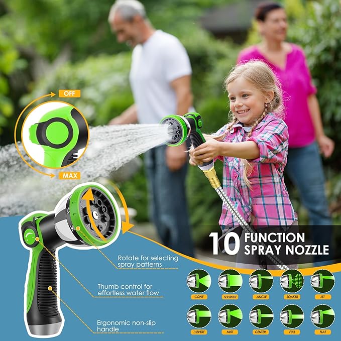 50 FT Stainless Steel Garden Hose with 10-Function Spray Nozzle, Kink-Free Flexible Metal Water Hose, Solid Brass 3/4'' Connectors, Heavy Duty, Durable, Leak-Proof, Lightweight, Tangle-Free