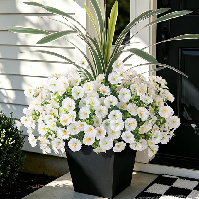 INXUGAO Artificial Flowers for Spring Outdoors Fake Plants Outside, 12 Bundles Silk Morning Glory with Eucalyptus UV Resistant Realistic Faux Flowers for Porch Planter Garden Patio Decor (White)