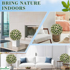 Set of 2 Artificial Topiary Ball Trees with White Mum, Faux Boxwoods for Outdoor Planters with Ground Spike, UV Resistant Artificial Outdoor Plants for Porch, Fake Bushes Round Shrub