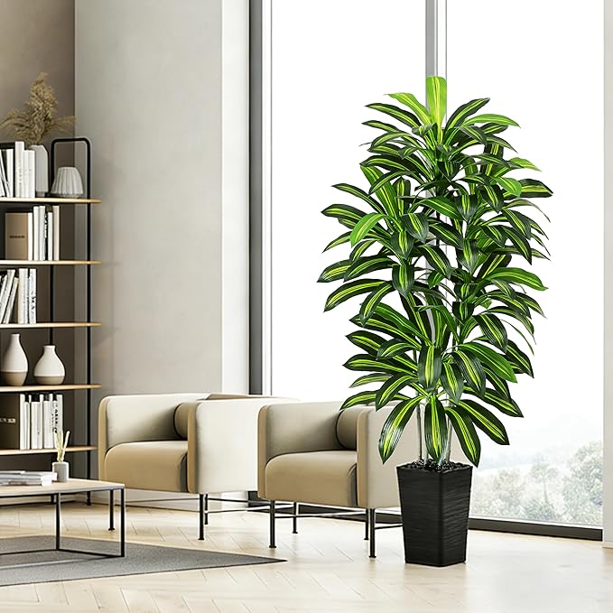 Artificial Dracaena Tree - 5FT Tall Fake Plants with Black Square Planter - Artificial Plants Indoor Floor Plant in Pot - Large Tropical Fake Yucca Potted Tree for Home Office Living Room Decor