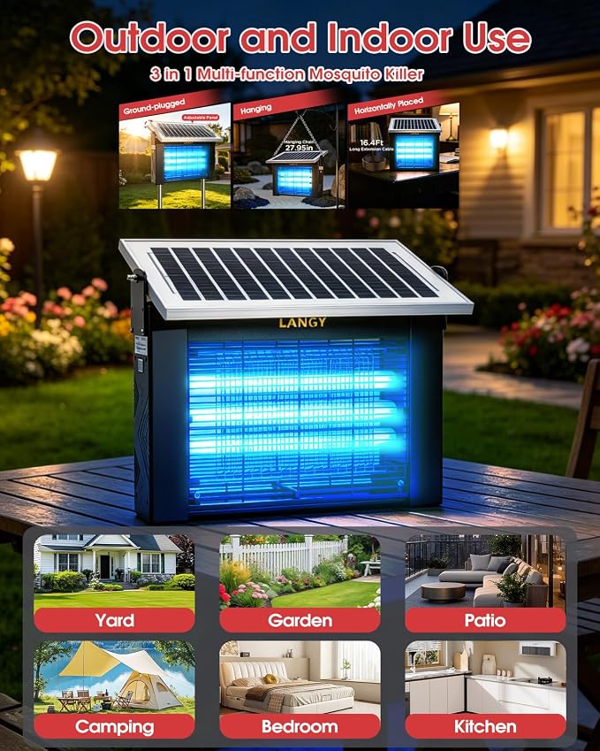 LANGY 10W Solar Bug Zapper Outdoor Waterproof, Upgrade 3-Tube 365nm Mosquito Zapper Solar Powered, Rechargeable 4500V Electric Cordless Fly Zapper Mosquitos Trap Auto On/Off for Yard Patio Camping