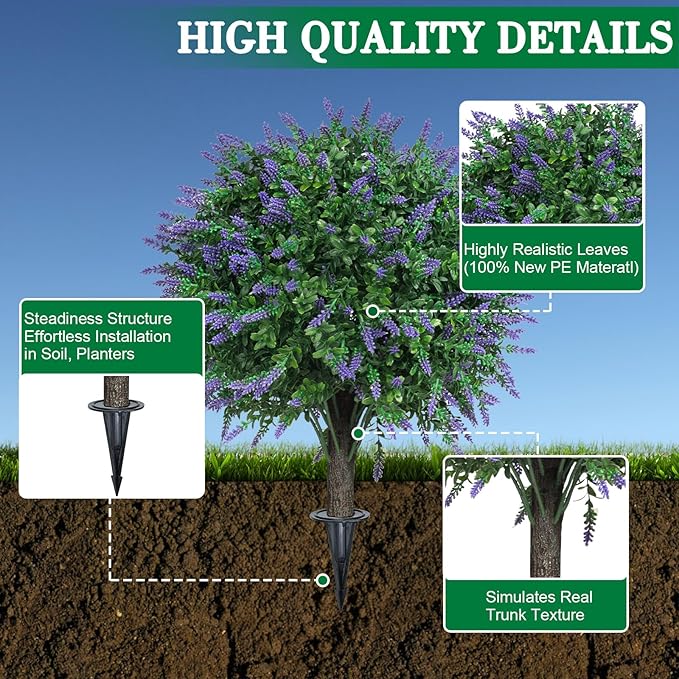 AOKIIE Set of 2 Artificial Lavender Boxwood Topiary Ball Bush for Outdoor with Ground Spike 22", UV Resistant Faux Greenery Shrubs, Fake Boxwood Plants for Indoor, Garden, Yard, Porch, Patio Decor