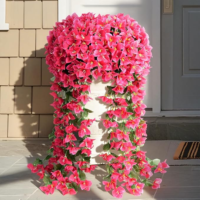 ATTGREAT Artificial Bougainvillea for Outdoors Faux Plants UV Resistant Flowers Fake Plastic Plants Realistic Silk Flowers for Porch Planter Garden Outside Hanging Decoration, 2Pcs (Rose Red)