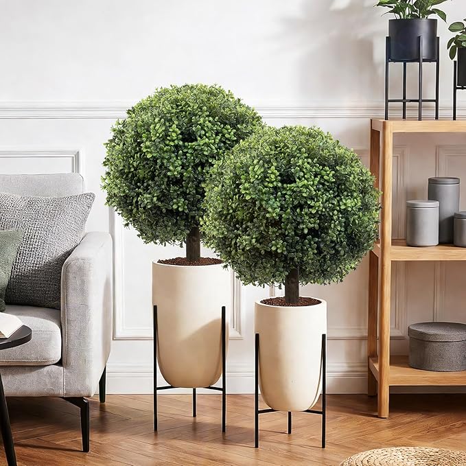 Artificial Boxwood Topiary Ball Tree Set of 2, 25.2" UV Resistant Artificial Outdoor Shrubs with Ground Spike, Decorative Evergreen Fake Topiary Bushes Plant for Front Porch Garden Decor