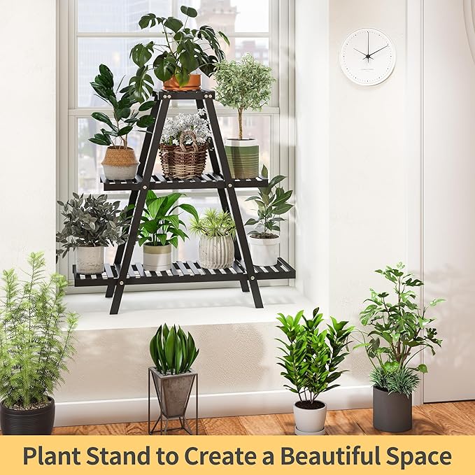Bamboo Plant Stand Indoor/Outdoor, 3-Tier, Black, Rectangular, 8 Potted Flower Holder Ladder Plant Rack