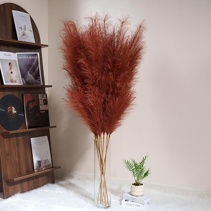 Premium Faux Burnt Orange Pampas Grass – 55" 8pcs Tall Ultra-Fluffy 24-Branch One-Piece Stems No Assembly, Luxury Silk-Feel Feather Flowers for Fall Autumn Boho Home Decor (Terracotta, 8 Stems)