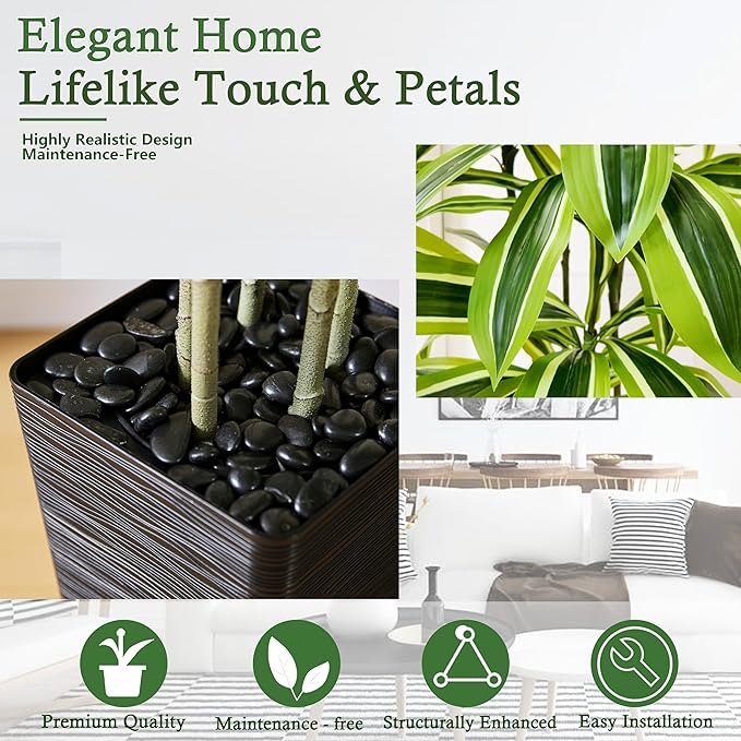 Artificial Dracaena Tree：6FT Faux Silk Tropical Yucca Floor Trees Realistic Fake Green Plant with Natural Wood Trunk & Lifelike Leaves for Home Office Decor Indoor & Outdoor (6FT,1-Pack,Black)