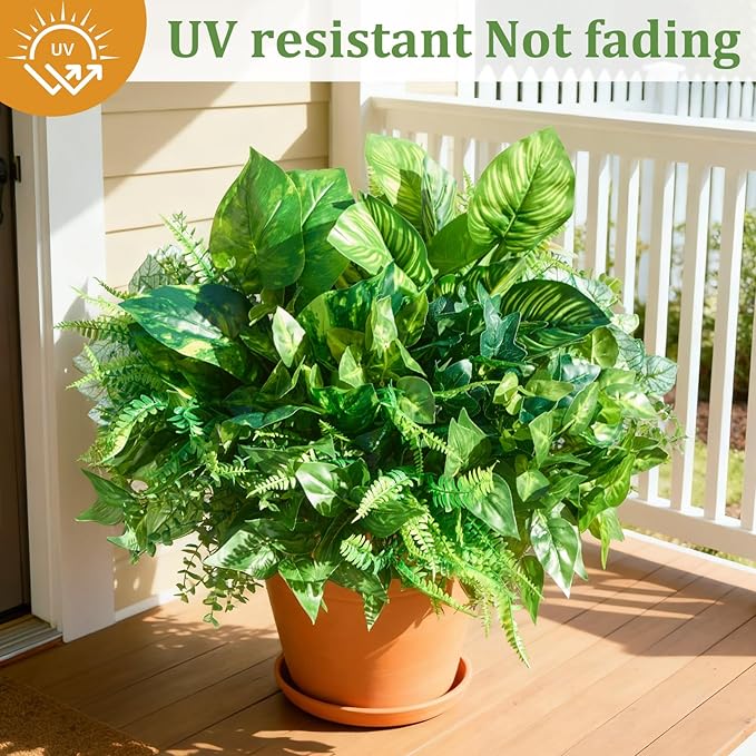 12 Bundles Artificial Plants Outdoor,UV Resistant Fake Greenery Stems with Large Shrubs Faux Plastic Plant for Outside Front Porch Planters Garden Window Box Patio Decor(Pot Not Included)