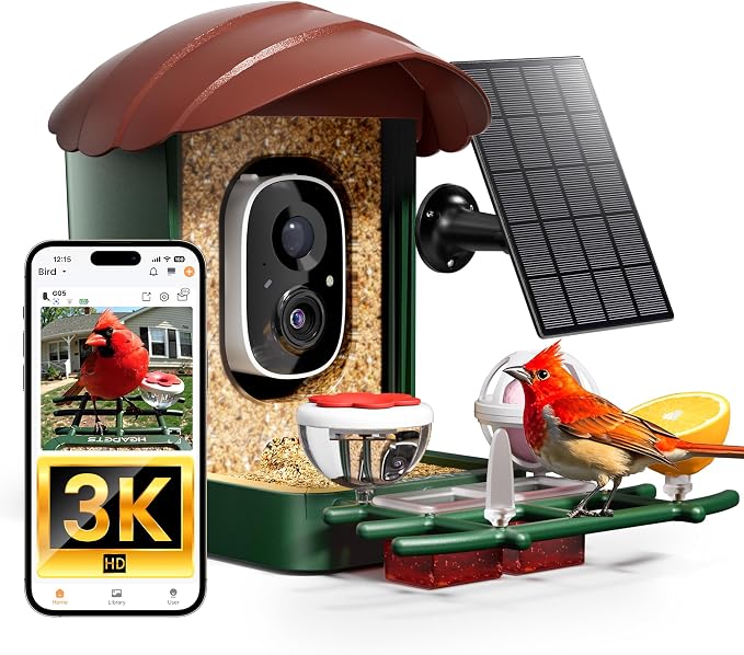 HEAPETS Bird Feeder with Camera Solar Powered, 3K HD Video, AI Bird Recognition, Auto Capture with Instant Notifications, IP65 Weatherproof, Gifts for Fathers Day, Brown