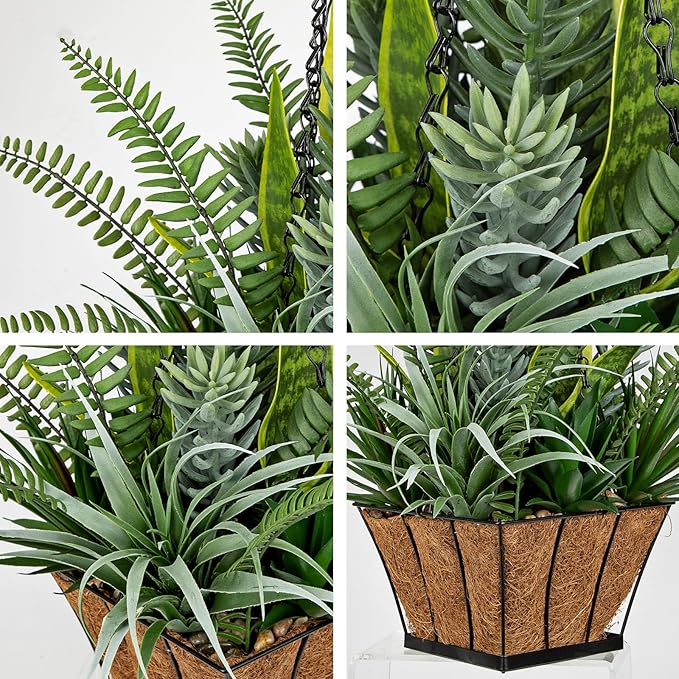 DILATATA Artificial Hanging Plants Basket, Faux Snake Plants Fern Succulent Mix with Coconut Fiber Liner, Fake Hanging Plant with Chain Hook for Indoor Outdoor Porch Patio Balcony Home Décor