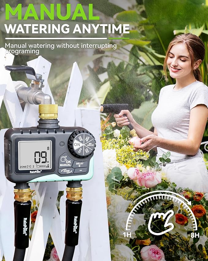 RAINPOINT 2 Zone Sprinkler Timer with Brass Inlet and Outlet - Water Timer for Garden Hose with Rain Delay/Manual Watering/Automatic Irrigation Controller System - Water Hose Timer for Yard Lawn