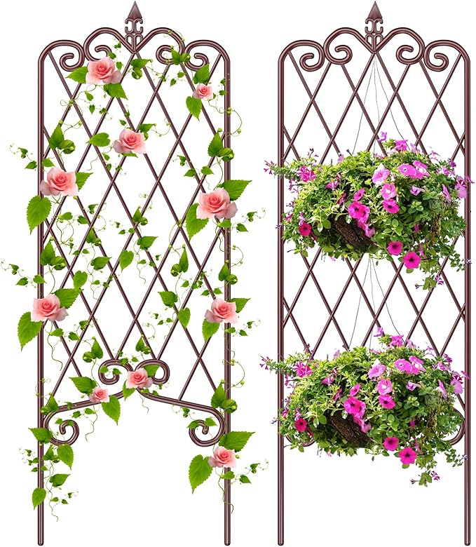 AMAGABELI GARDEN & HOME 2 Pack 47” x 16” Metal Garden Trellis for Climbing Plants Outdoor Trellis for Climbing Roses Vines Vegetables Metal for Ivy Cucumbers Brown