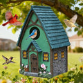 Bird Houses for Outside Green Cottage Resin Birdhouse, Garden Outdoor Decor Bird House with Flower and Stone Details, Birdhouses for Outdoors for Bluebird Finches Cardinals