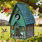 Bird Houses for Outside Green Cottage Resin Birdhouse, Garden Outdoor Decor Bird House with Flower and Stone Details, Birdhouses for Outdoors for Bluebird Finches Cardinals