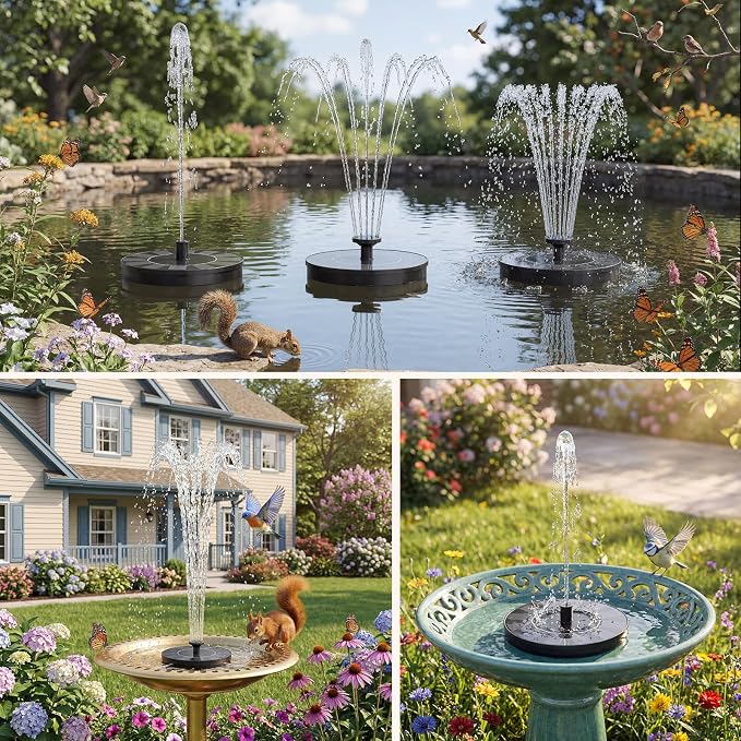 AMZtime Solar Fountain, 2026 Upgraded Solar Water Fountains with 6 Nozzles, Free Standing Floating Solar Powered Water Fountain Pump for Bird Bath, Garden, Pool, Pond and Outdoor