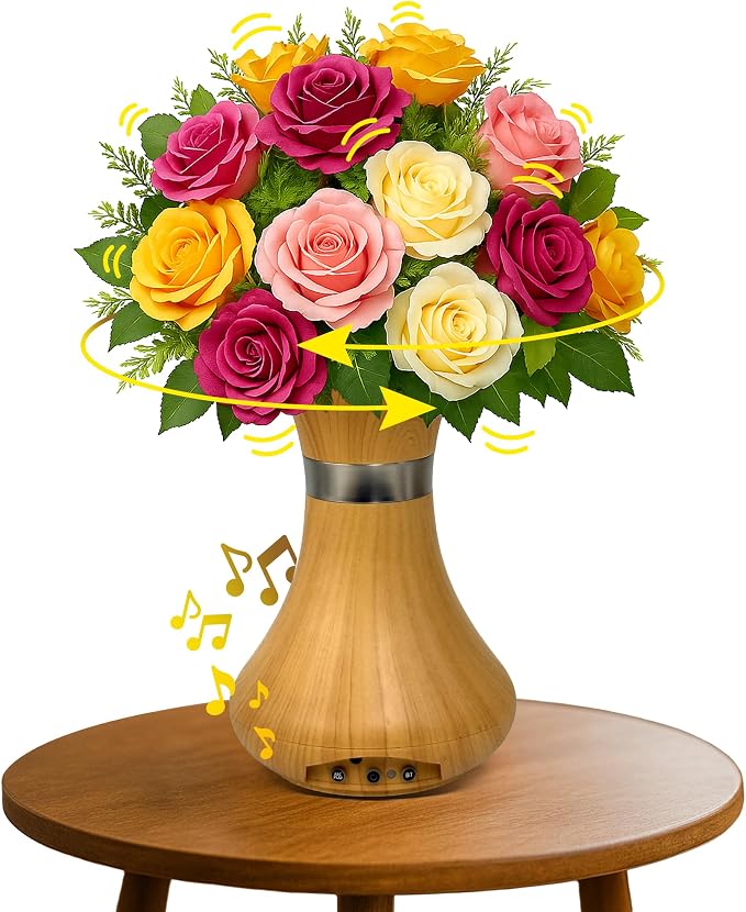 Animated Vase with Bluetooth Speaker - 8.5” Tall |Interactive Smart Flower Vase | Responds to Voice, Touch & Motion | Records Custom Messages | 2 inch Opening, Sequoia