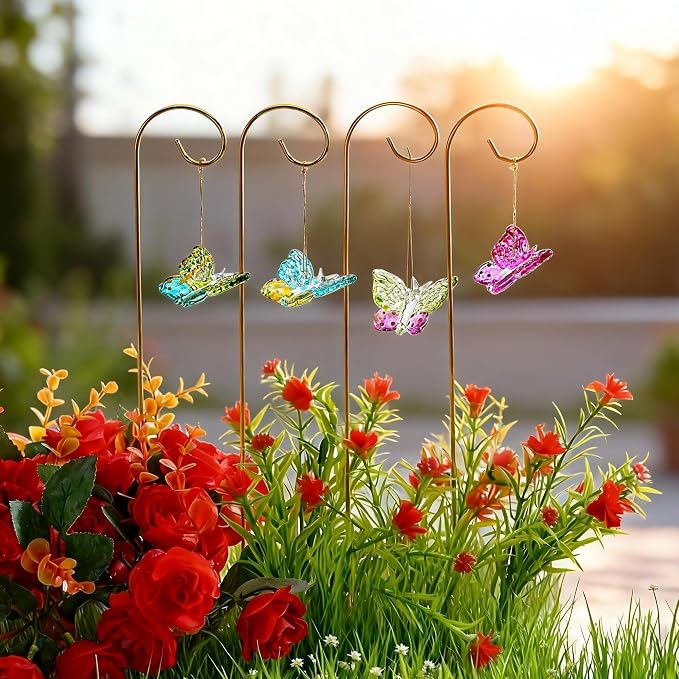 HDCRYSTALGIFTS 4 Pack Blown Glass Butterfly Decorative Garden Stakes,Colorful Butterflies with 13.5'' Tall Gold Plant Stakes for Outdoor Lawn Porch Pathway Patio Plant Pot Flower Bed