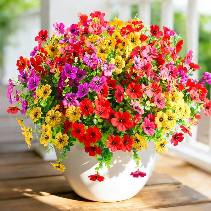 40 Pcs Artificial Flowers for Outdoors Fake Flowers UV Resistant, Artificial Plants Outdoor Indoor Faux Plastic Fake Plants for Planter Front Door Garden Porch Yard Home Decor(Pink Red Purple Yellow)