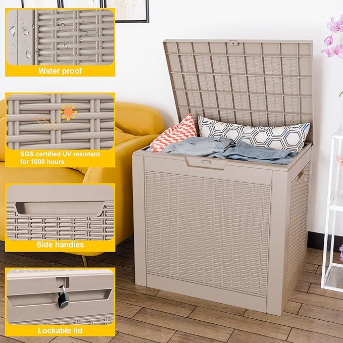 PatioZen 30 Gallon Resin Deck Box, Lockable Patio Outdoor Storage Box for Furniture, Garden Tools and Tools Storage, Waterproof Outside Storage Boxes - Grey