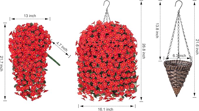 Artificial Hanging Flowers with Baskets for Decor, Fake Silk Red Hanging Daisy Orchid Flowers Plants, Faux Flower Centerpieces for Home Indoor Outdoor Garden Patio
